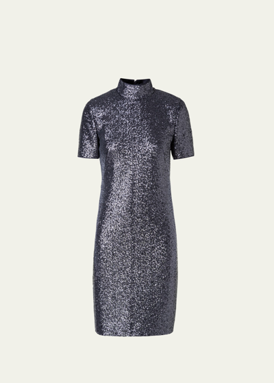 Shop Akris Sequined Mock-neck Dress In Stone