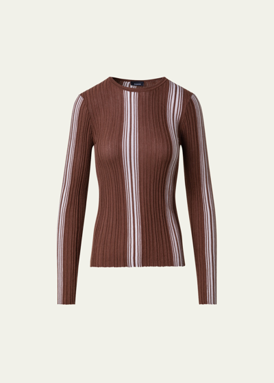 Shop Akris Irregular Striped Fine Gauge Long-sleeve Sweater In Vicuna-greige