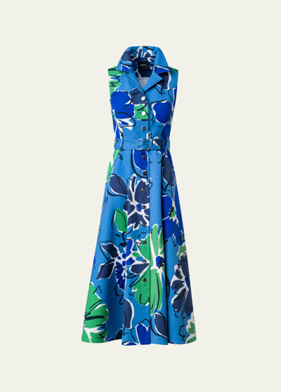 Shop Akris Abraham Floral Print Belted Midi Dress In Denim-leaf