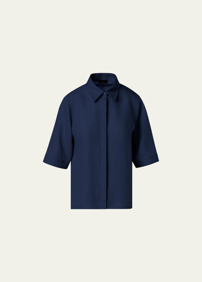 Shop Akris Linen Voile Collared Boxy Shirt In Navy