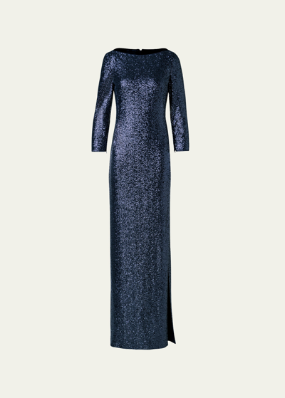 Shop Akris Sequined Column Boat-neck Gown In Navy