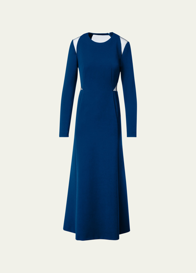 Shop Akris Cut-out Long Sleeve A-line Midi Dress In Denim
