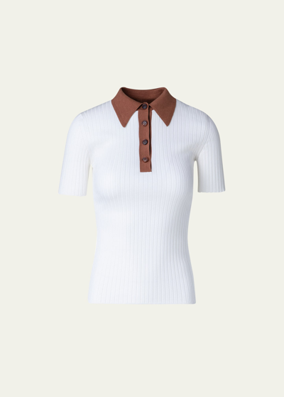 Shop Akris Silk Cotton Ribbed Knit Polo Top In Ecruvicuna