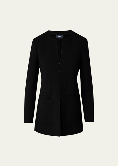 Shop Akris Collarless Wool Double-face Stretch Long Fitted Jacket In Black