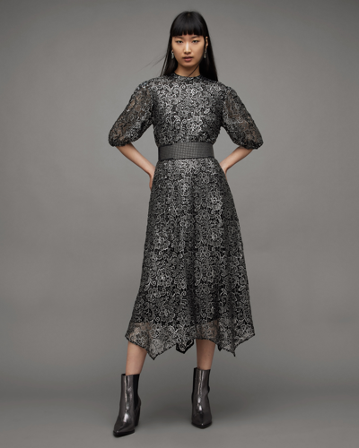 Shop Allsaints Camila Broderie Asymmetric Hem Dress In Grey