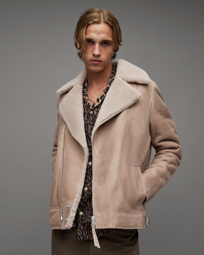Shop Allsaints Rasco Relaxed Fit Shearling Biker Jacket In Faded Taupe