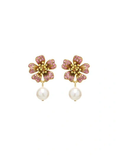 Shop Oscar De La Renta Dotted Petal Pearl Drop Earrings In Rose Multi