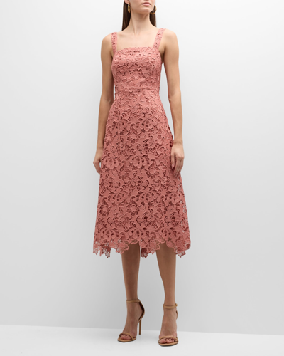 Shop Milly Sleeveless Square-neck Lace Midi Dress In Dusty Rose