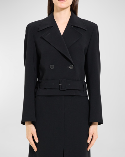 Shop Theory Double-breasted Admiral Crepe Crop Trench Coat In Black