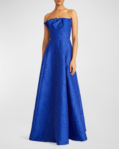 Shop ml Monique Lhuillier Aliana Strapless Floral Jacquard Ruffle Gown In Cobalt Blue