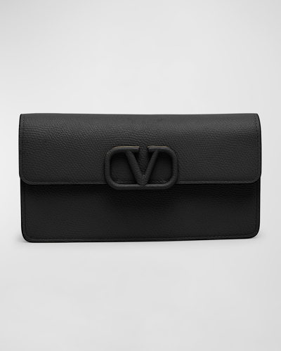 Shop Valentino Vlogo Flap Leather Wallet On Chain In Nero