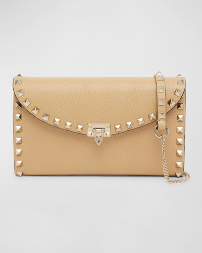 Shop Valentino Rockstud Flap Leather Wallet On Chain In Cappuccino