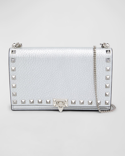 Shop Valentino Rockstud Metallic Leather Wallet On Chain In Silver