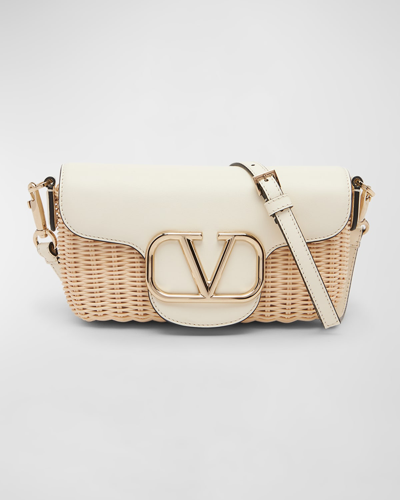 Shop Valentino Loco Vlogo Flap Straw Shoulder Bag In Naturale Ivory
