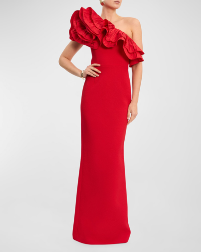 Shop Rebecca Vallance Chiara One-shoulder Ruffle Crepe Column Gown In Red
