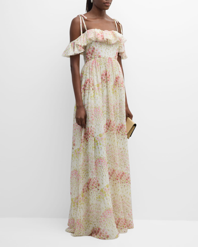Shop Giambattista Valli Floral-print Ruffle Off-the-shoulder Silk Georgette Gown In Flower Field
