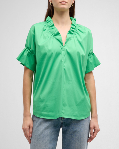 Shop Finley Crosby Flounce Neck & Sleeve Silky Poplin Shirt In Green