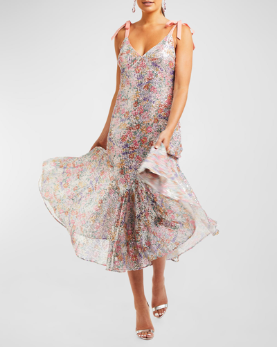 Shop Mestiza New York Simone Floral-print Sequin Midi Dress In Multi