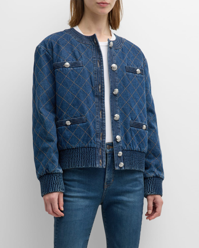 Shop Veronica Beard Glennon Stitched Denim Bomber Jacket In Bright Blue