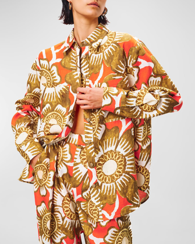 Shop Mara Hoffman Adele Oversized Button-front Floral Hemp Shirt In Poppy Multi