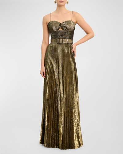 Shop Rebecca Vallance Josie Pleated Cutout Metallic Shimmer Gown In Gold