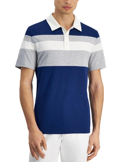Shop Alfani Mens Stripe Short Sleeve Polo In Blue