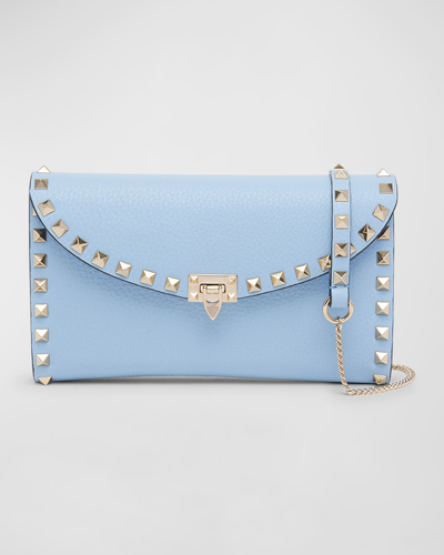 Shop Valentino Rockstud Flap Leather Wallet On Chain In Popeline Blue