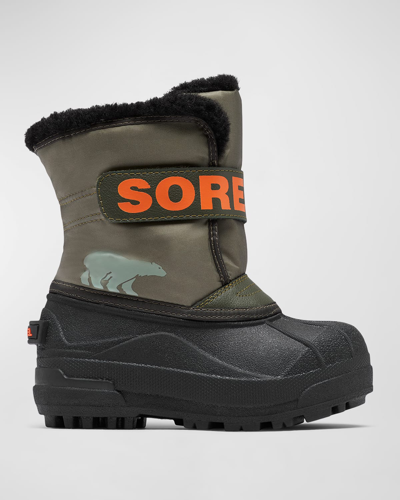 Shop Sorel Kid's Commander Grip-strap Fleece Snow Boots, Toddlers/kids In Stone Green Alpin