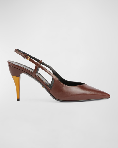 Shop Gucci Priscilla Leather Slingback Pumps In Chocolate Brown