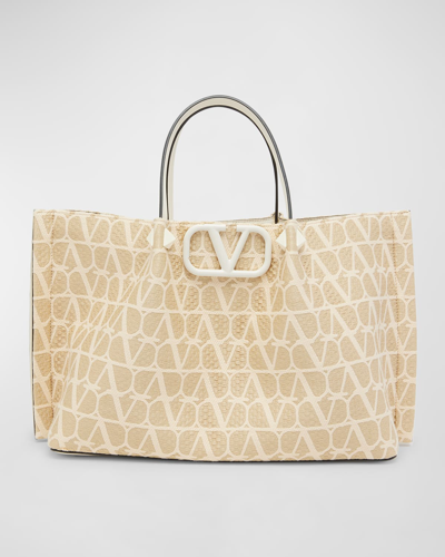 Shop Valentino Medium Vlogo Iconographe Raffia Tote Bag In Naturaleivory