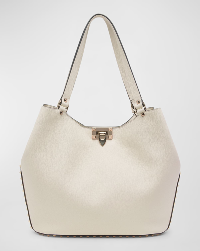 Shop Valentino Small Rockstud Leather Tote Bag In Ivory
