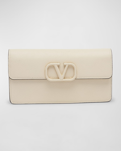 Shop Valentino Vlogo Flap Leather Wallet On Chain In Light Ivory