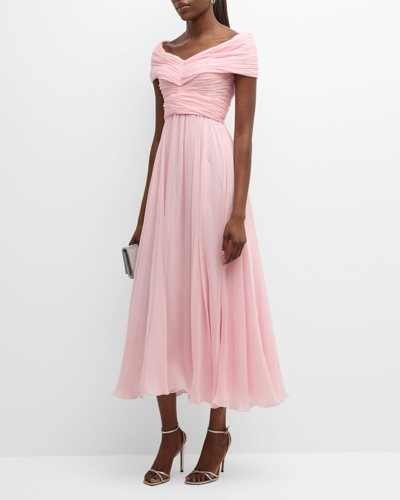 Shop Giambattista Valli Pleated Off-the-shoulder Silk Georgette Gown In Light Pink