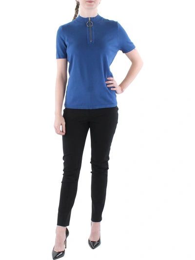 Shop Calvin Klein Petites Womens Mock Neck 1/4 Zip Ring Pullover Top In Blue