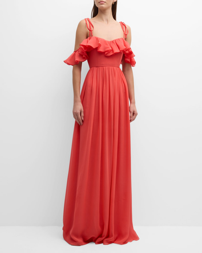 Shop Giambattista Valli Ruffle Off-the-shoulder Silk Georgette Gown In Coral