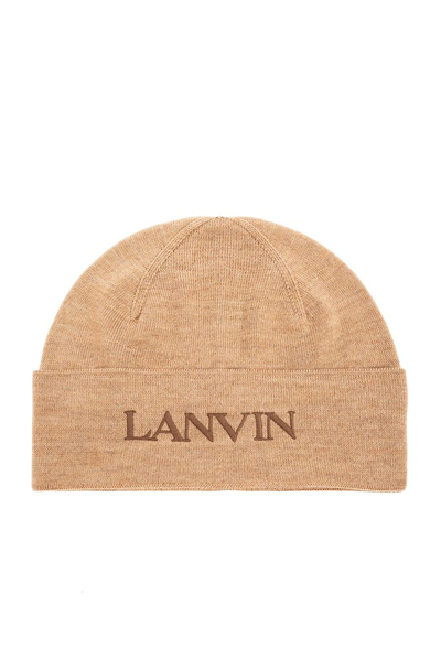 Shop Lanvin Logo Embroidered Knitted Beanie In Brown