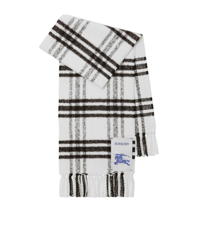 Shop Burberry Wool Fringed Check Scarf In White