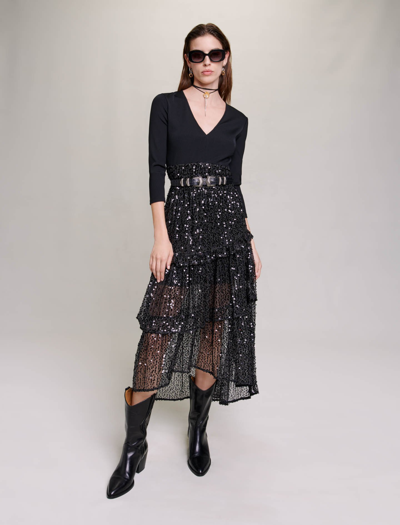 Shop Maje Sequin And Mesh Maxi Dress For Fall/winter In Black