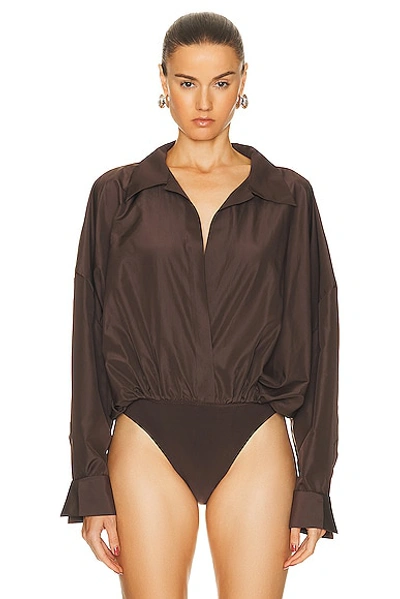 Shop Norma Kamali Super Oversized Boyfriend Shirt Bodysuit In Chocolate