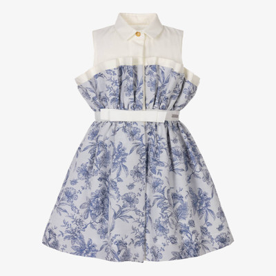 Shop Jessie And James London Girls Blue Flower Jacquard Cotton Dress