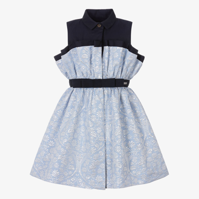 Shop Jessie And James London Girls Blue Floral Jacquard Cotton Dress