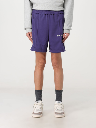 Shop Palm Angels Cotton Shorts With Embroidered Logo In Blue