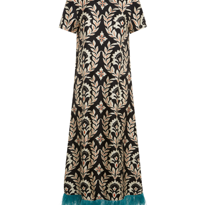 La Doublej Short-sleeve Swing Dress With Feathers In Ghirlanda Black