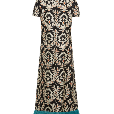 La Doublej Short-sleeve Swing Dress With Feathers In Ghirlanda Black