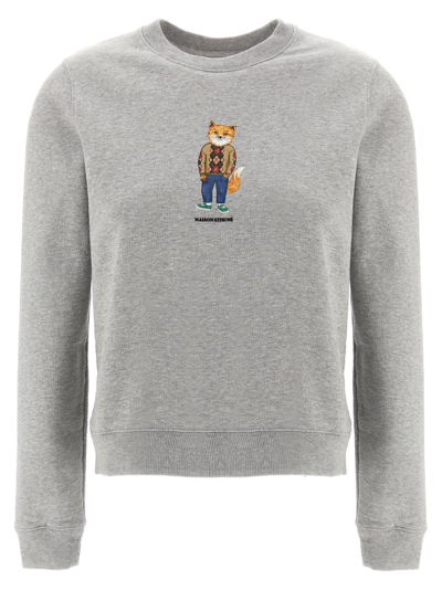 Shop Maison Kitsuné Fox Printed Crewneck Sweatshirt In Grey