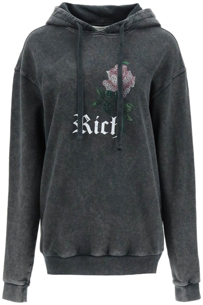 Shop Alessandra Rich Embellished Drop Shoulder Drawstring Hoodie In Grey