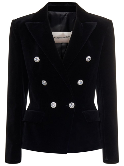 Shop Alexandre Vauthier Double Breasted Velvet Blazer In Black