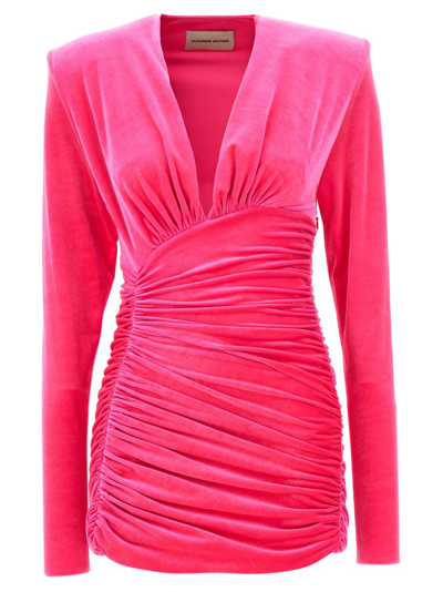 Shop Alexandre Vauthier Long Sleeved Ruched Velvet Mini Dress In Pink