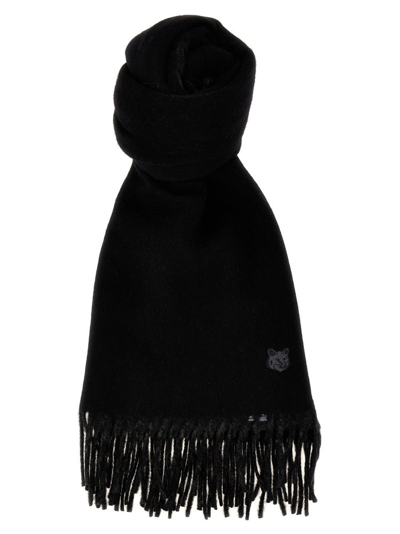 Shop Maison Kitsuné Logo Patch Fringed Knit Scarf In Black