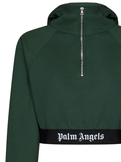 Shop Palm Angels Cropped Zipped Forest Green Cotton Hoodie In Black